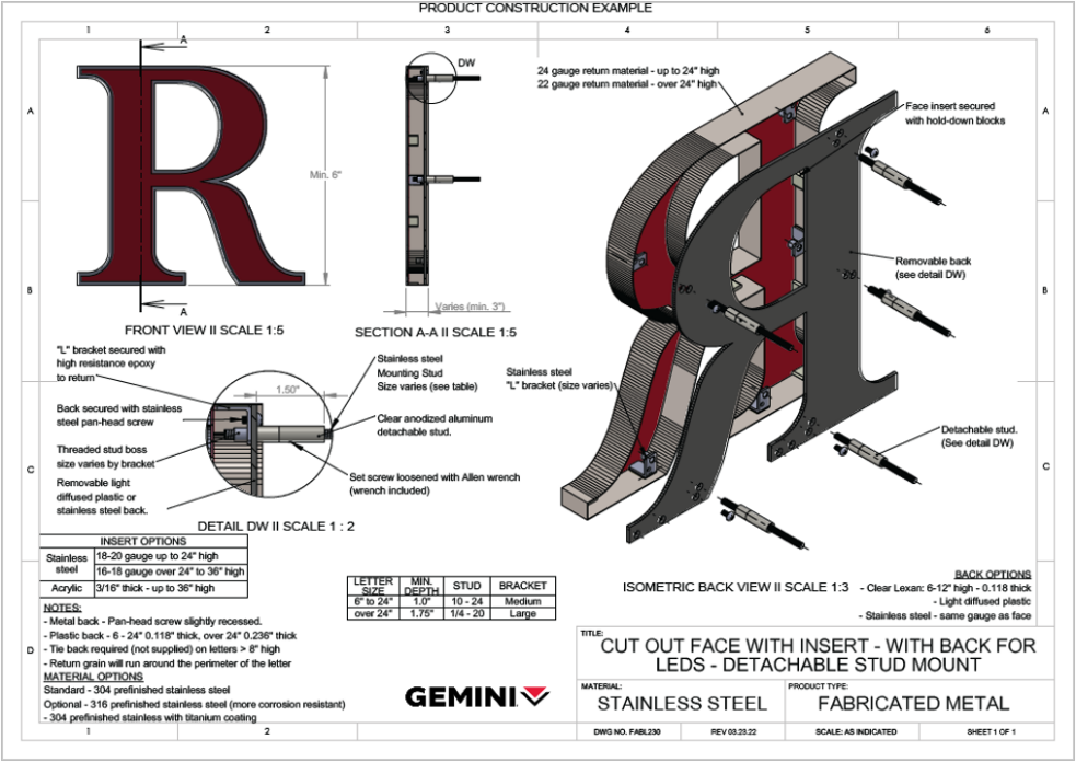 Signage technical product drawing